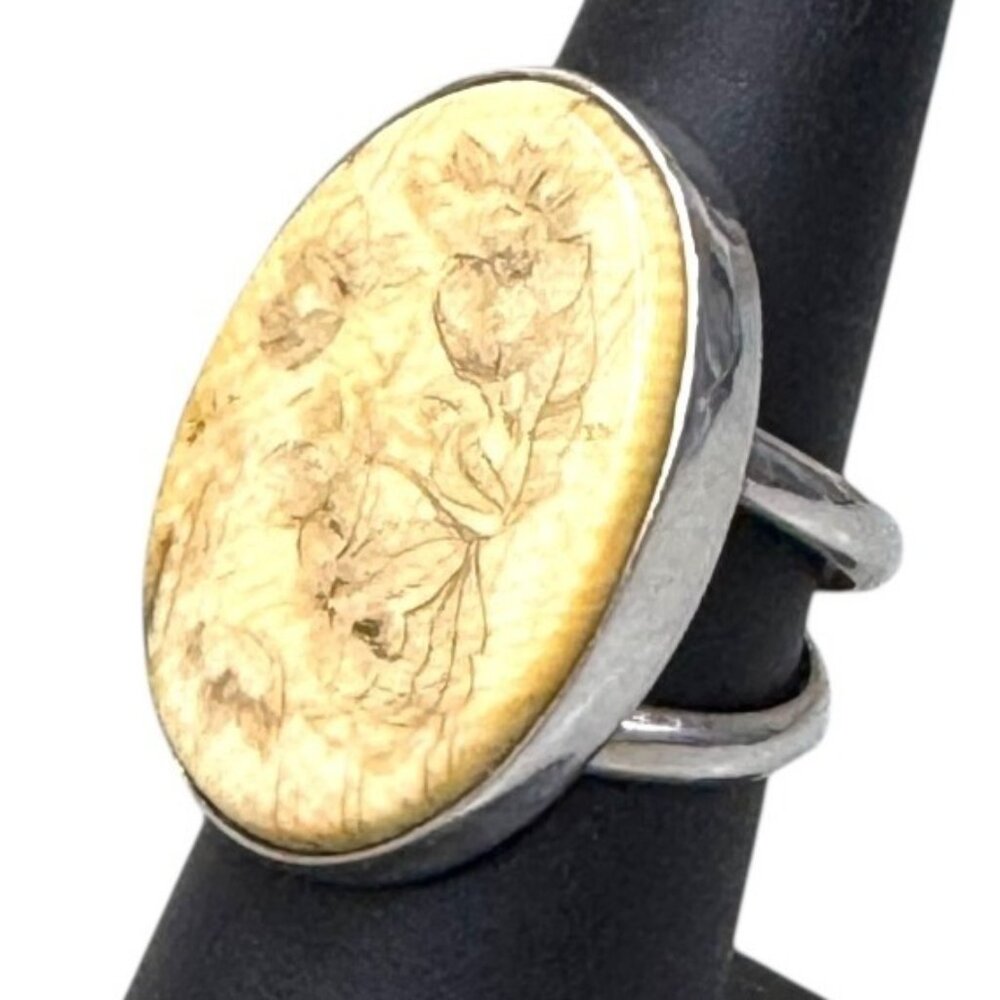 Vintage Sterling Silver Floral Engraved Signed Rising Sun Native Oval Ring S 5.5